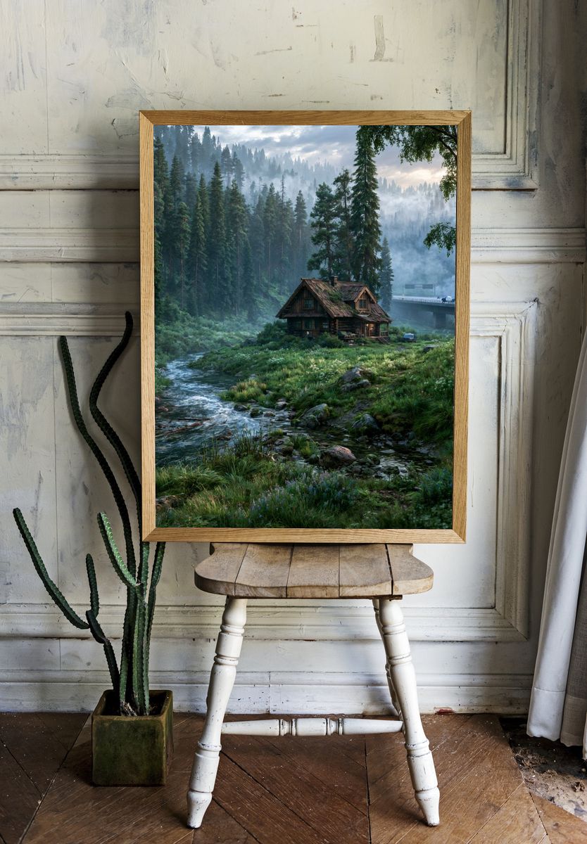 Misty Forest Cabin Landscape Poster. room preview