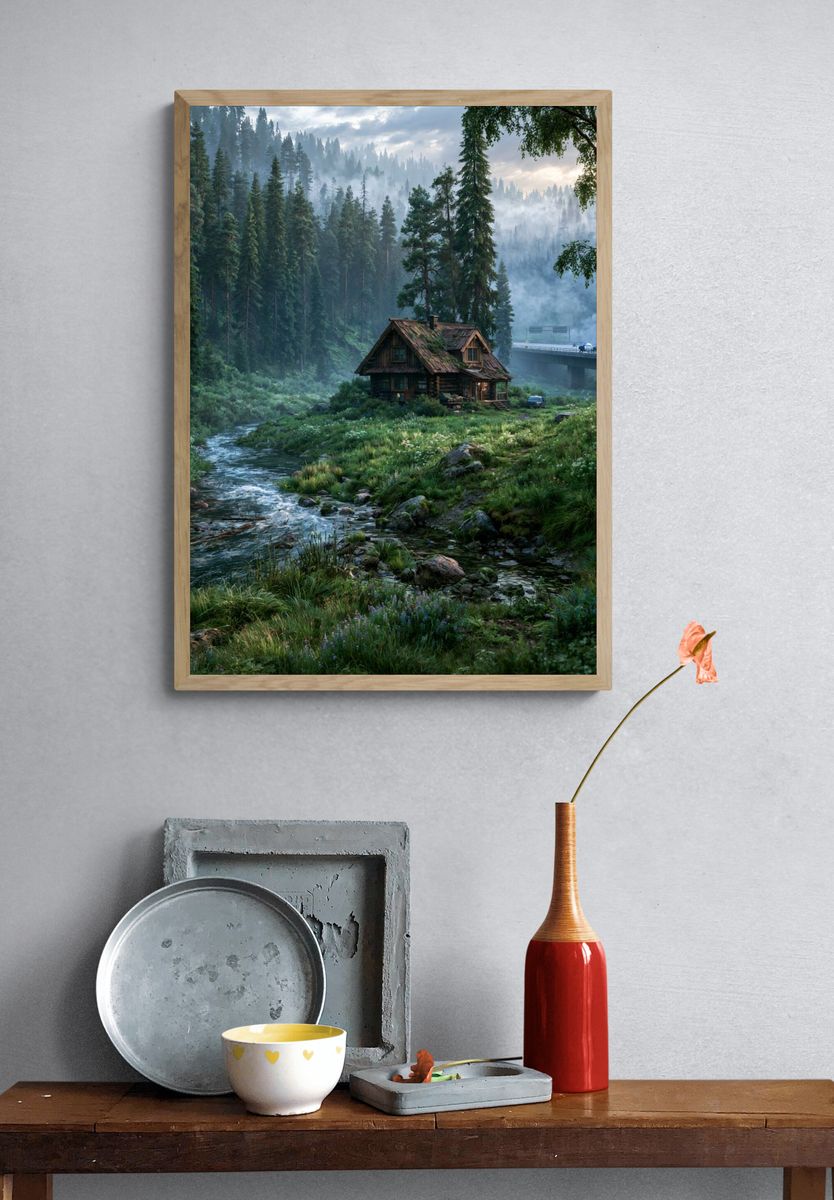 Misty Forest Cabin Landscape Poster. — room view 3