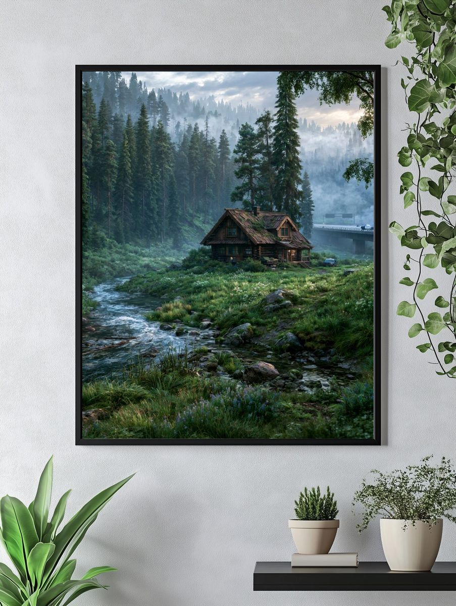 Misty Forest Cabin Landscape Poster. — room view 4