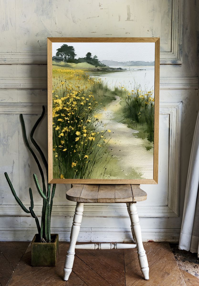 Wildflower Coastal Path Watercolor Print. room preview