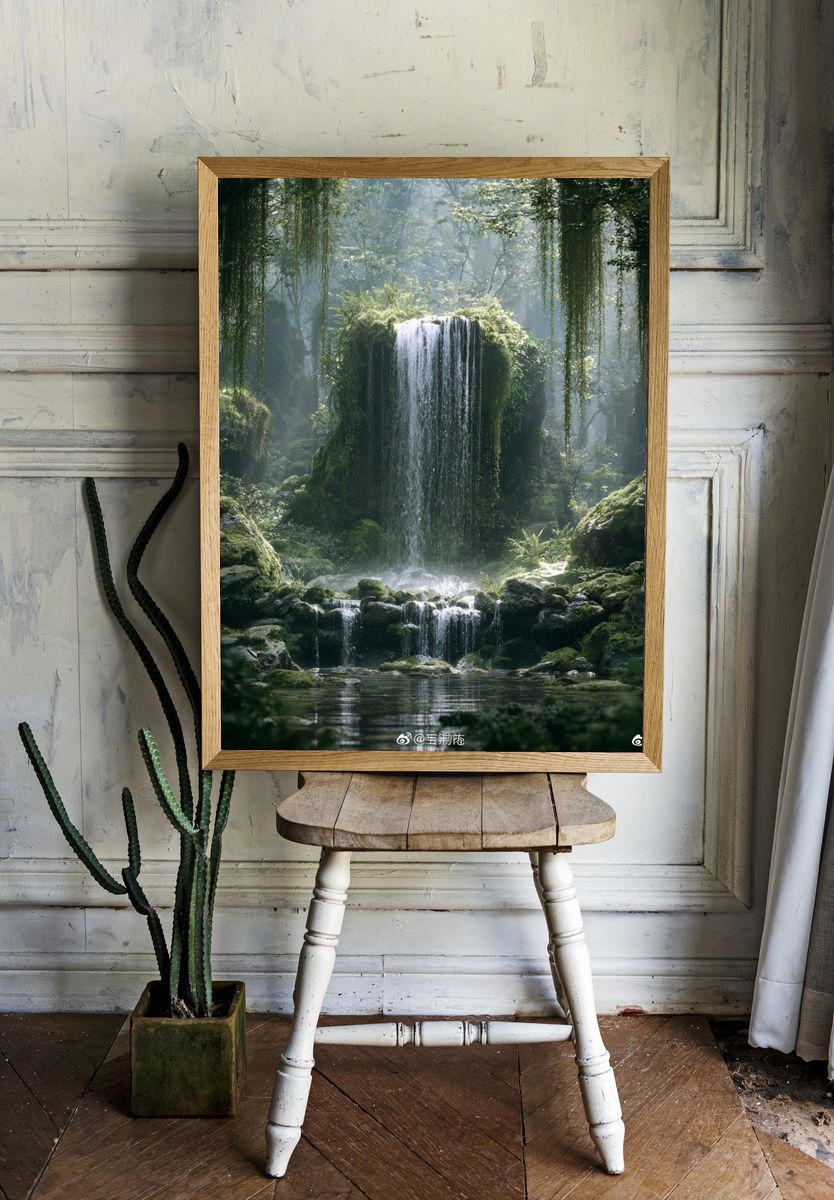 Misty Forest Waterfall Photography Poster. — room view 1