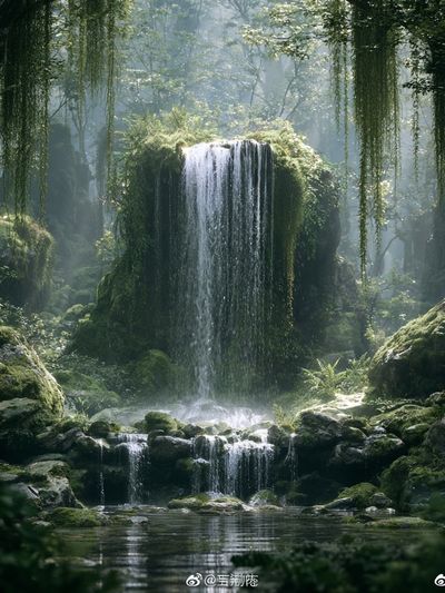 Misty Forest Waterfall Photography Poster. poster