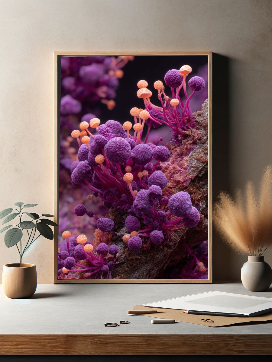 Violet Fungi Macro Photography Poster. — room view 2