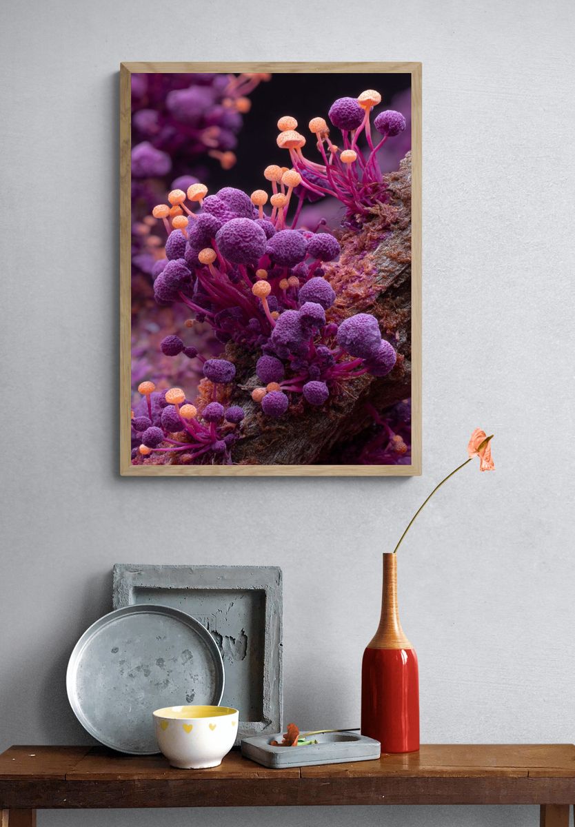 Violet Fungi Macro Photography Poster. — room view 3