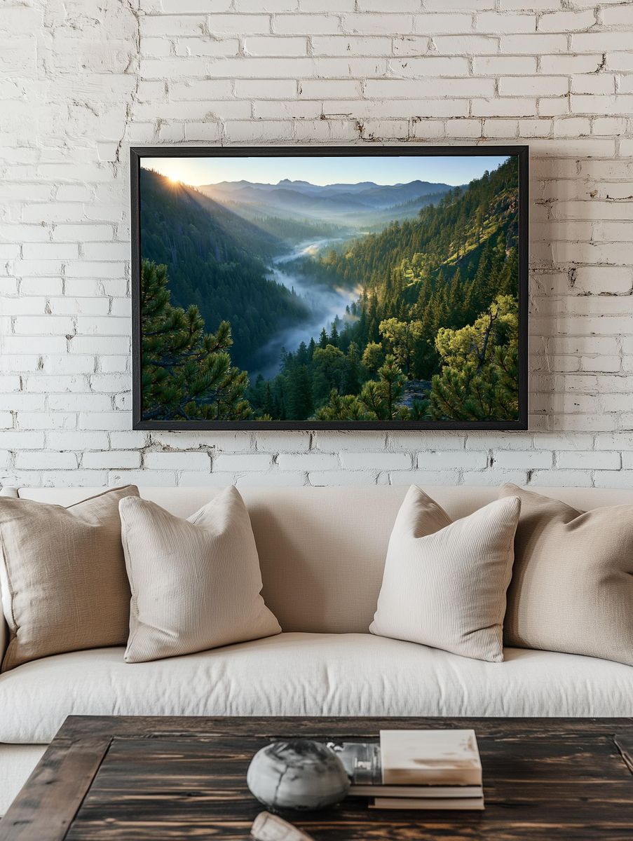 Misty Mountain Forest Sunrise Poster. room preview
