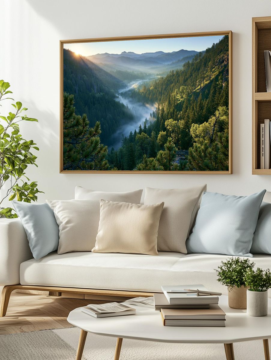 Misty Mountain Forest Sunrise Poster. — room view 2