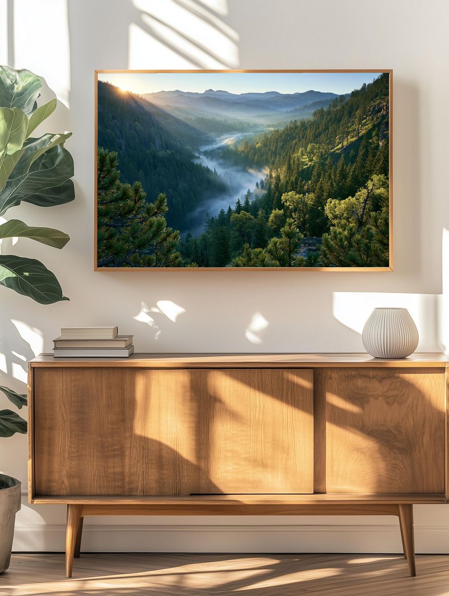 Misty Mountain Forest Sunrise Poster. — room view 3