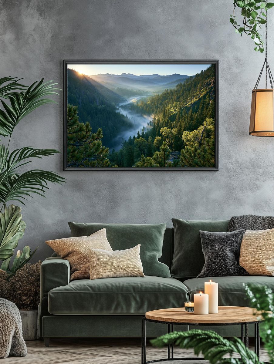 Misty Mountain Forest Sunrise Poster. — room view 4