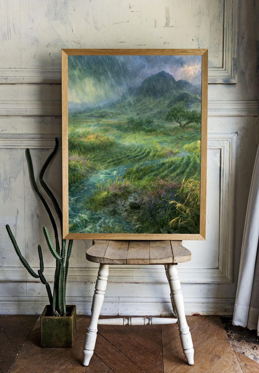 Rainy Mountain Valley Landscape Print. — room view 1
