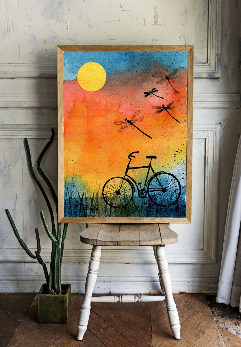 Dragonflies and Bicycle Sunset Poster. room preview