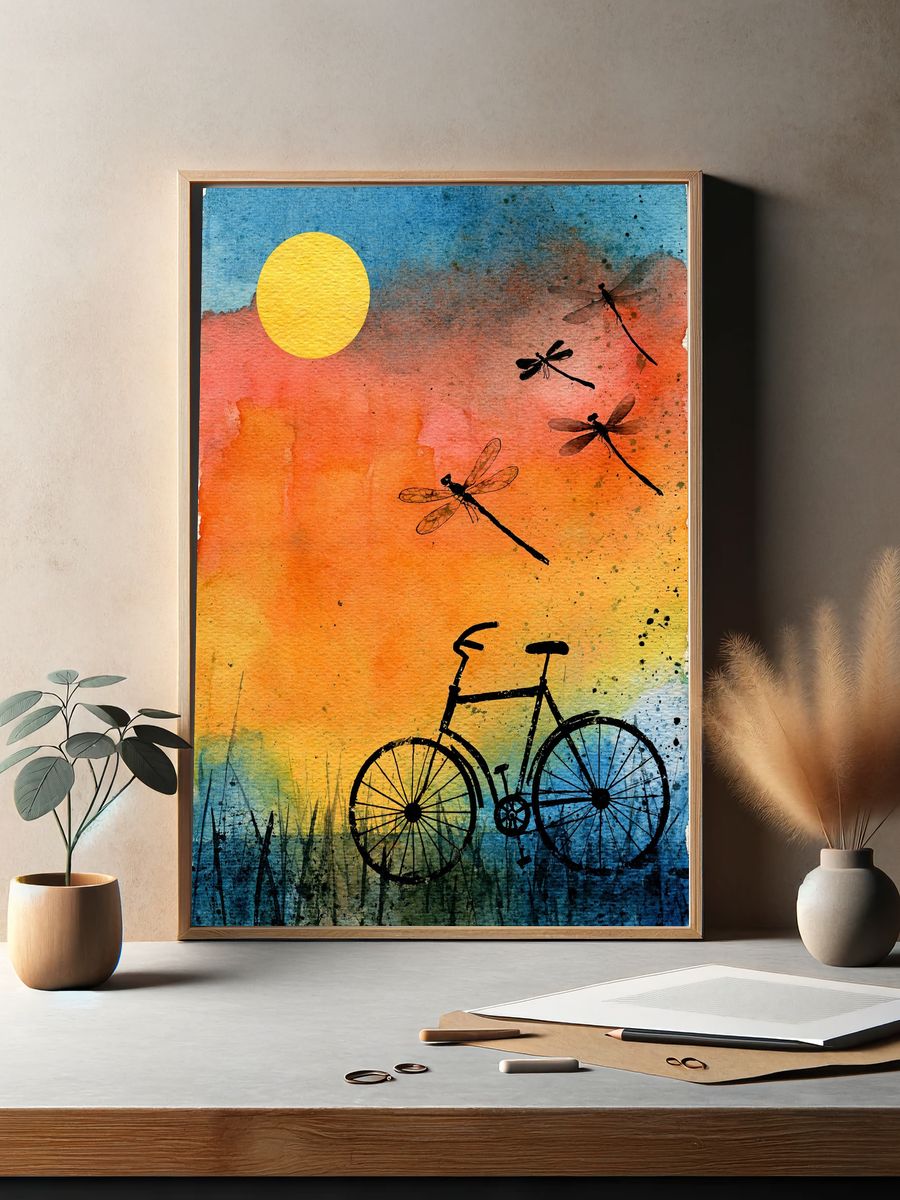 Dragonflies and Bicycle Sunset Poster. — room view 2