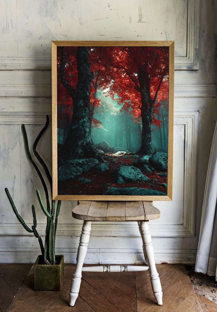 Crimson Forest Mist Poster. room preview