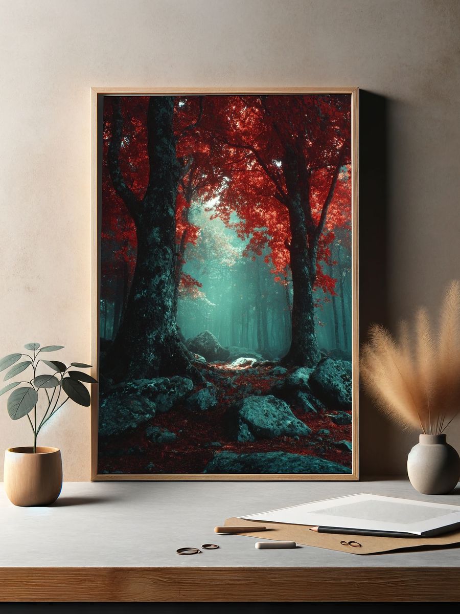 Crimson Forest Mist Poster. — room view 2