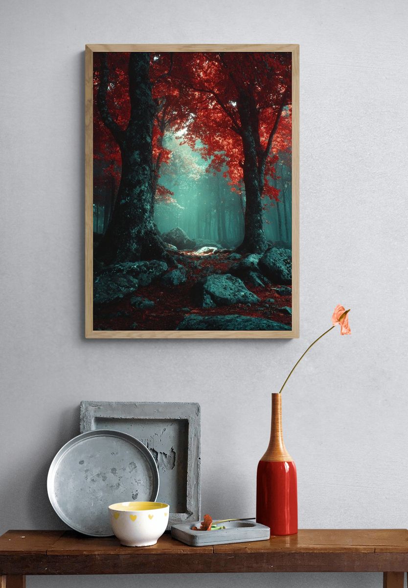Crimson Forest Mist Poster. — room view 3