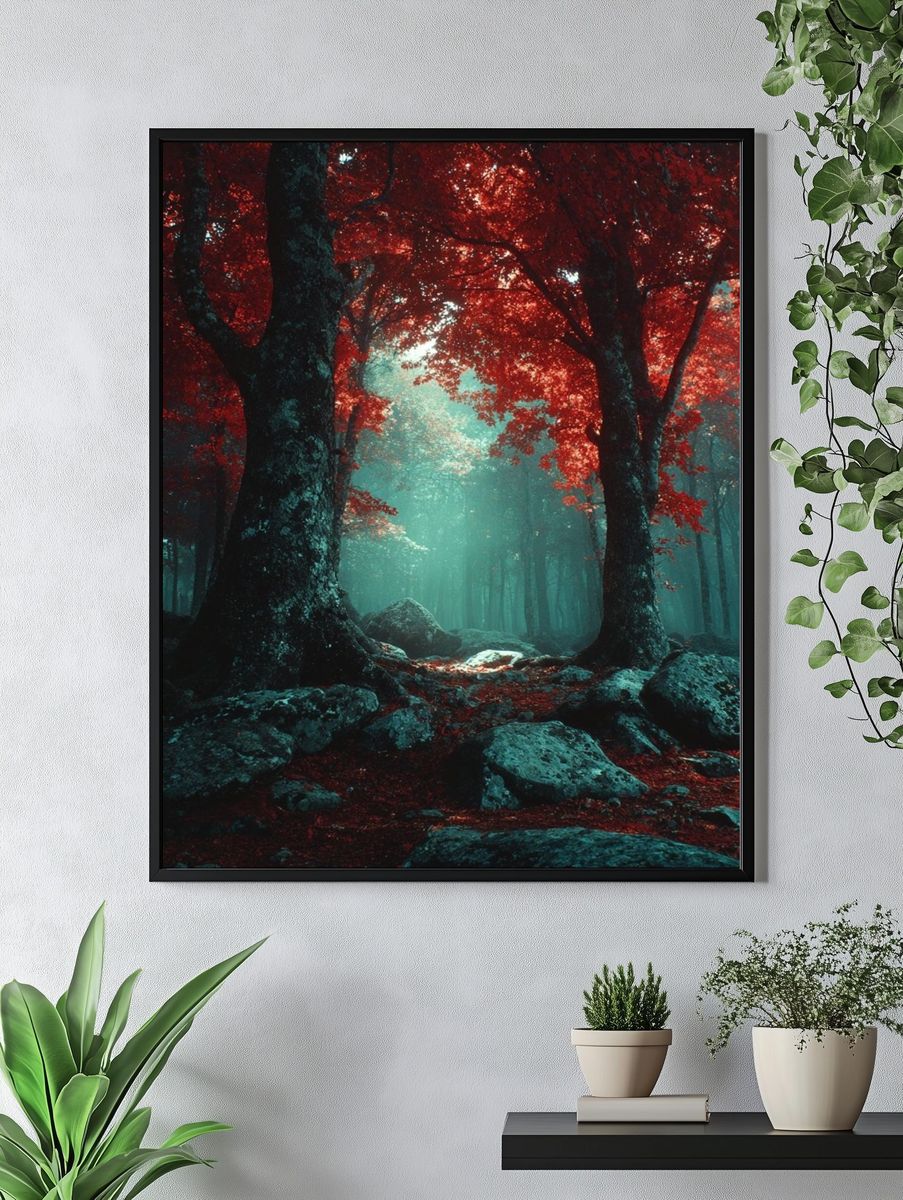 Crimson Forest Mist Poster. — room view 4
