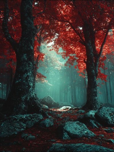 Crimson Forest Mist Poster. poster