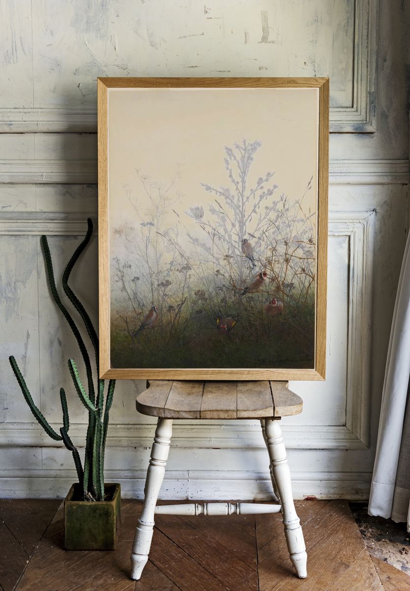 Goldfinches in Misty Landscape Poster. — room view 1