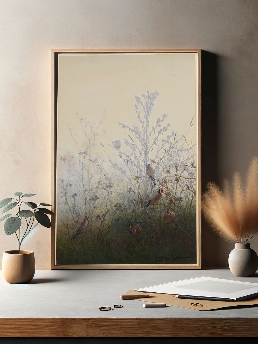 Goldfinches in Misty Landscape Poster. — room view 2