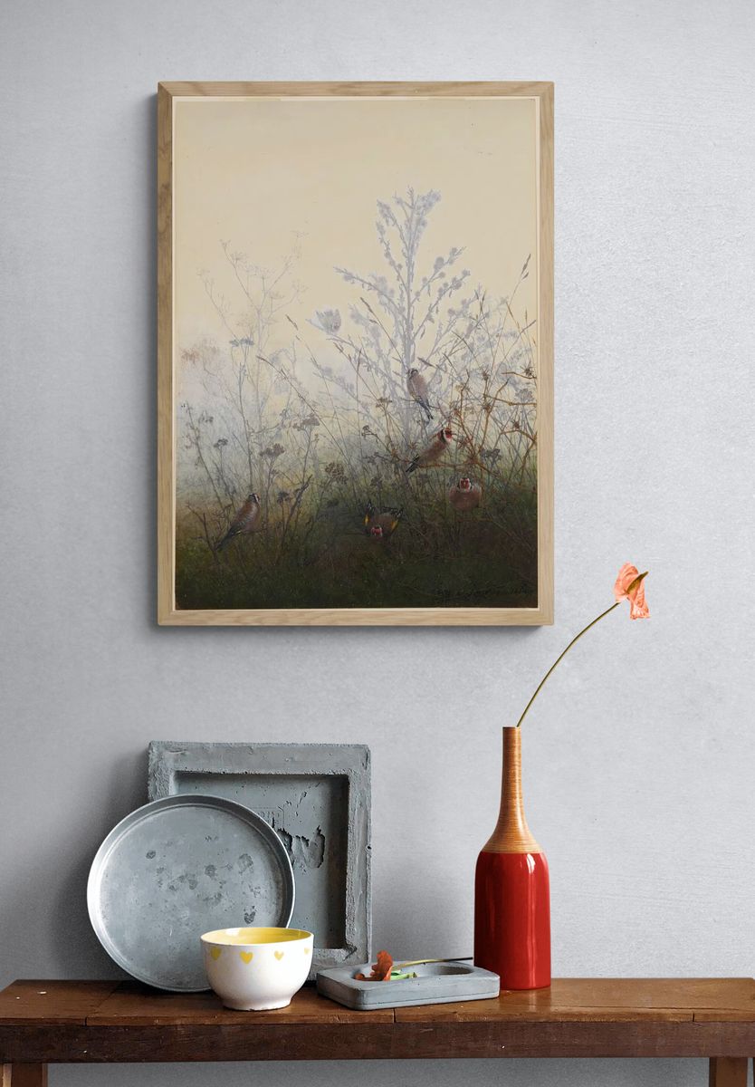 Goldfinches in Misty Landscape Poster. — room view 3