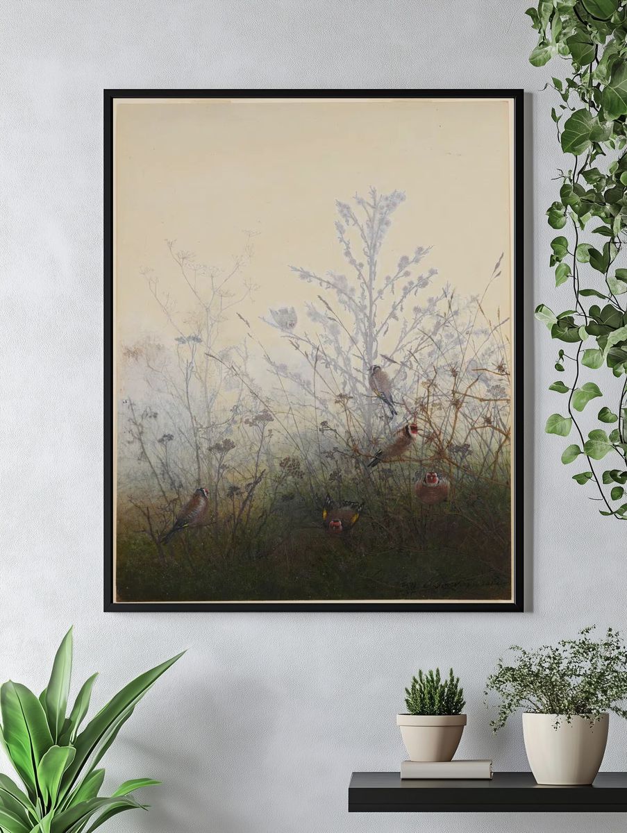Goldfinches in Misty Landscape Poster. — room view 4