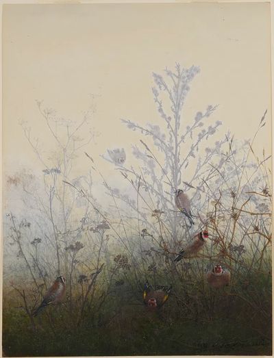Goldfinches in Misty Landscape Poster. poster