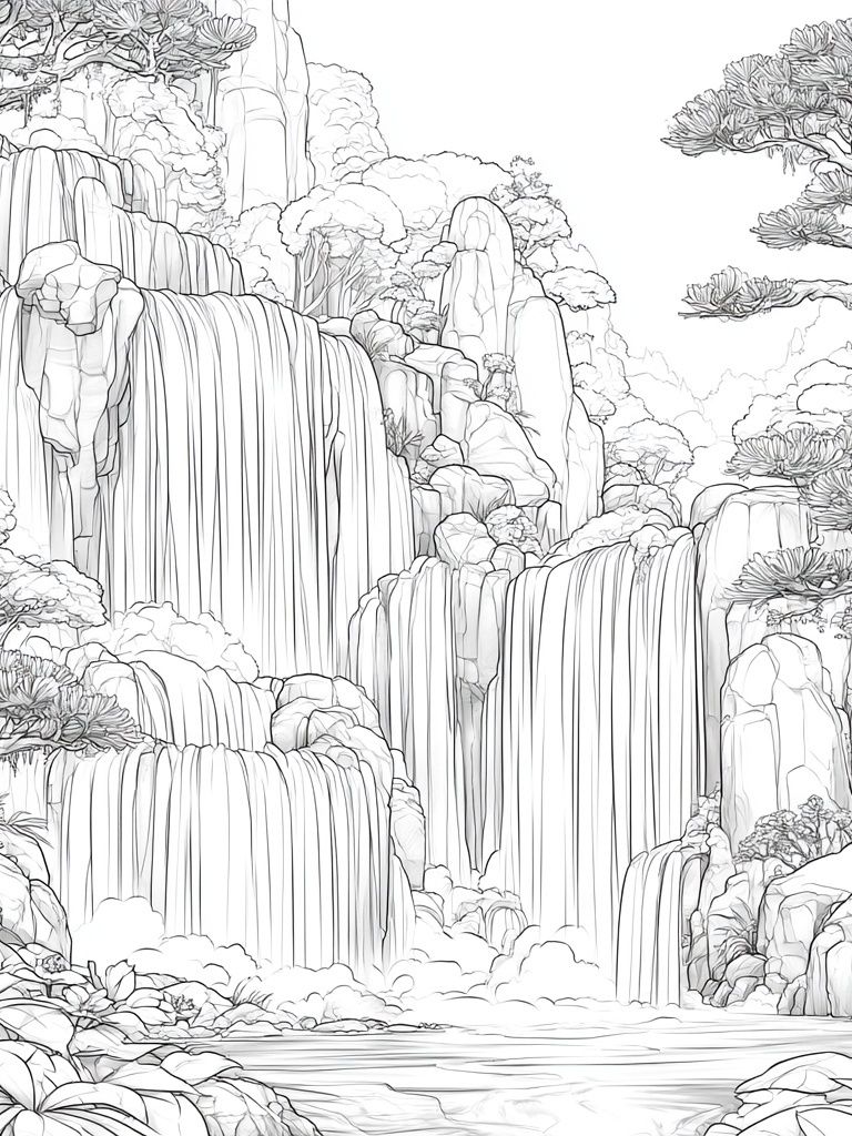 Waterfall Landscape Line-Art Poster. poster — nature art