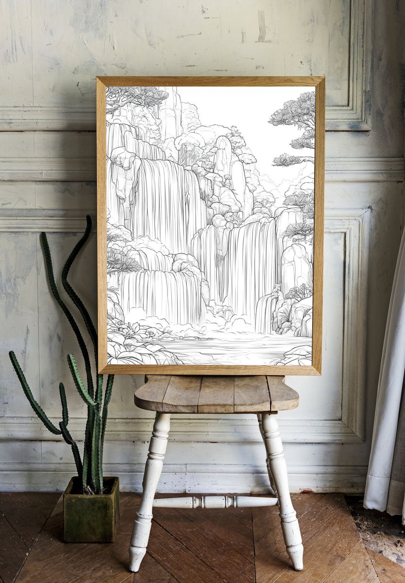 Waterfall Landscape Line-Art Poster. — room view 1