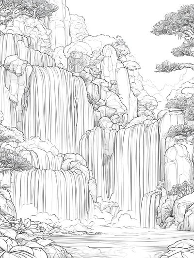 Waterfall Landscape Line-Art Poster.