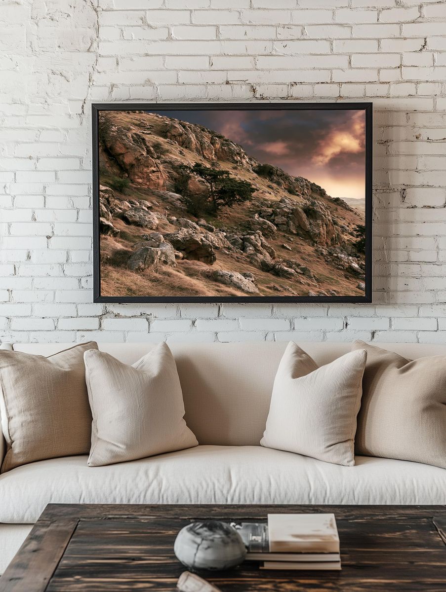 Rocky Hillside Sunset Landscape Poster. — room view 1