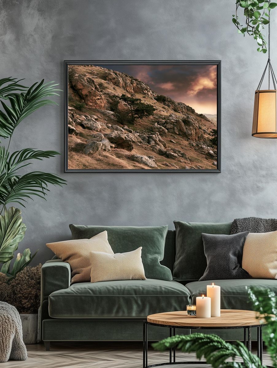 Rocky Hillside Sunset Landscape Poster. — room view 4