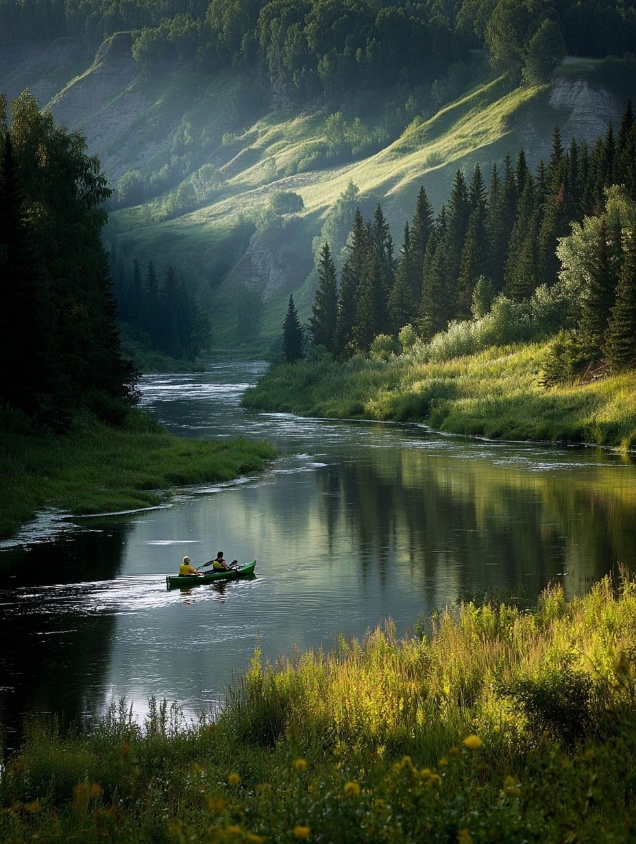 Mountain River Canoe Landscape Poster. poster — nature art