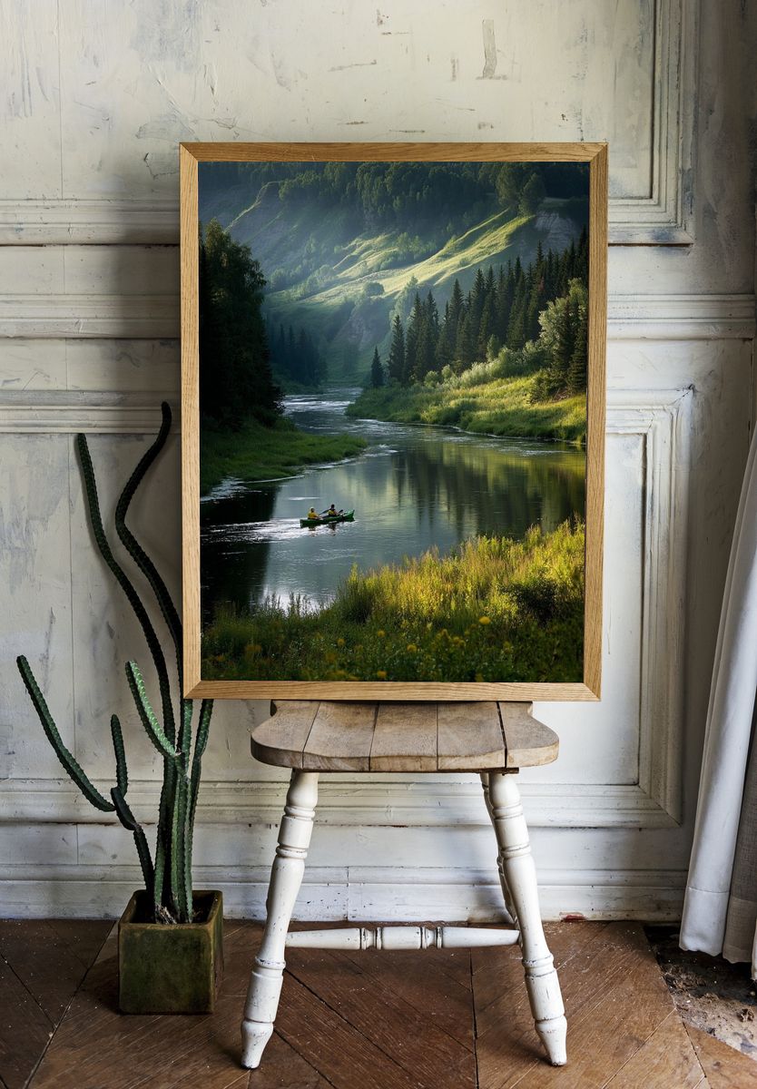 Mountain River Canoe Landscape Poster. room preview