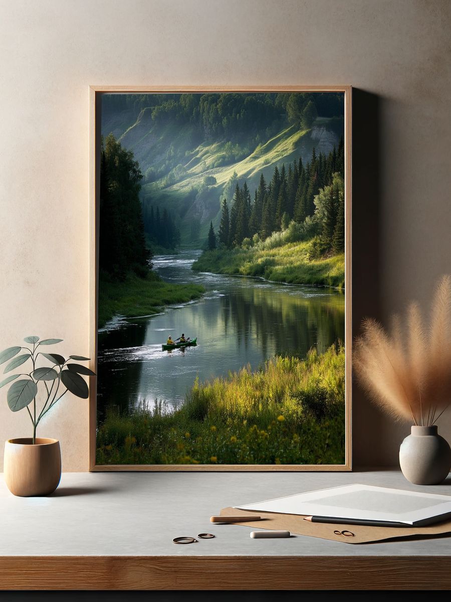 Mountain River Canoe Landscape Poster. — room view 2