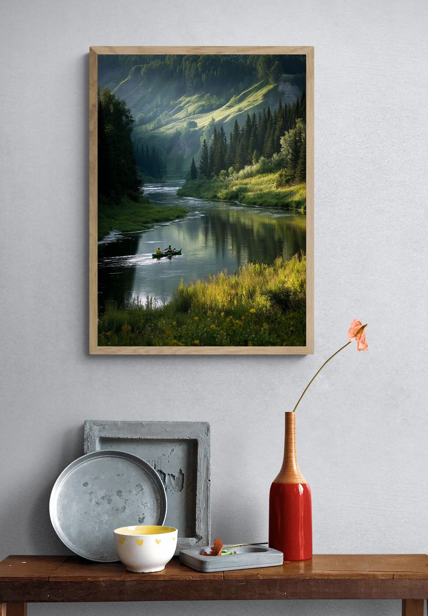 Mountain River Canoe Landscape Poster. — room view 3