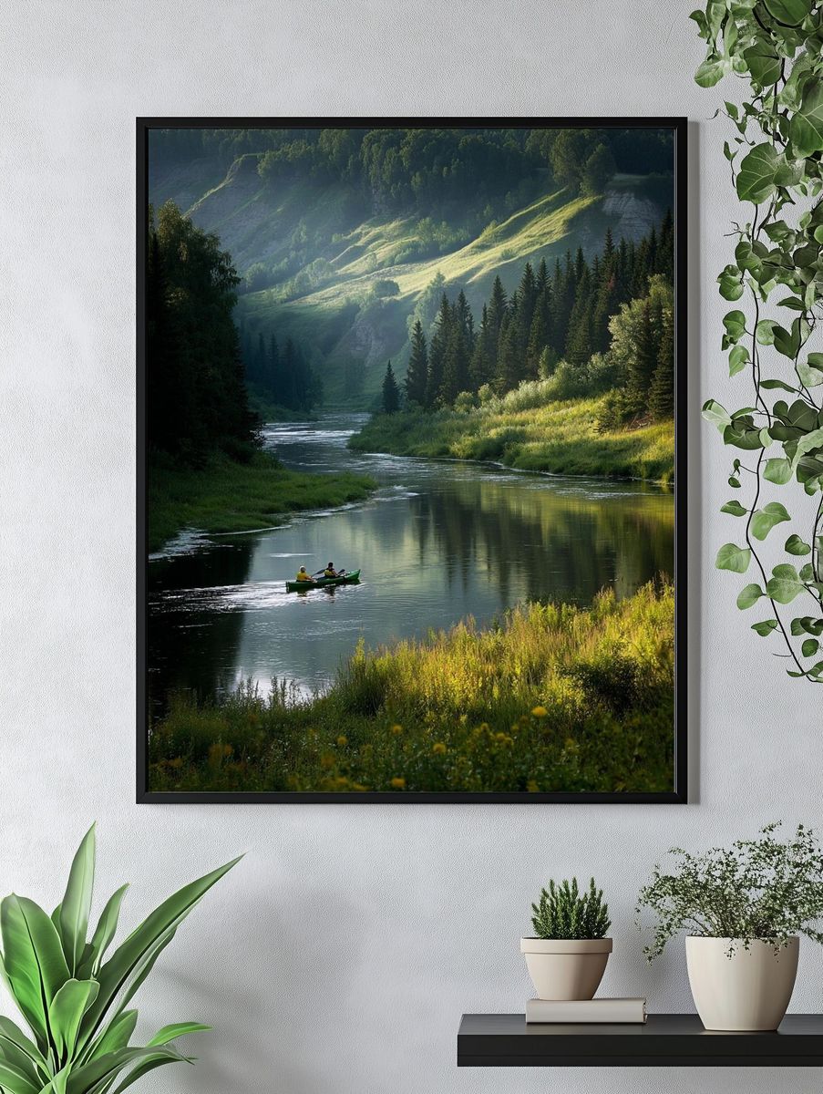 Mountain River Canoe Landscape Poster. — room view 4
