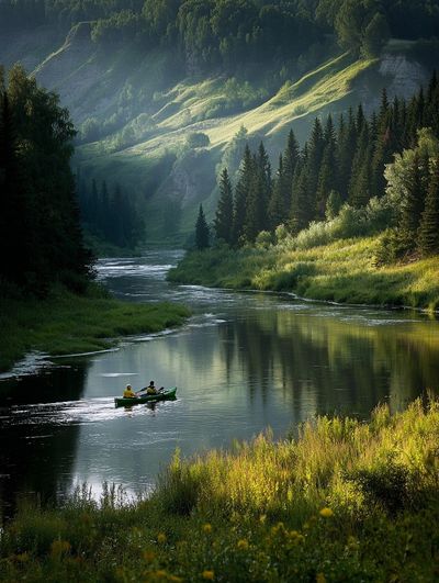 Mountain River Canoe Landscape Poster.