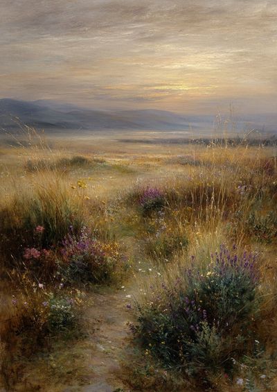 Sunlit Meadow Landscape Print. poster