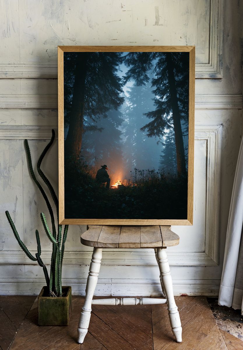 Campfire in Misty Forest Poster. room preview