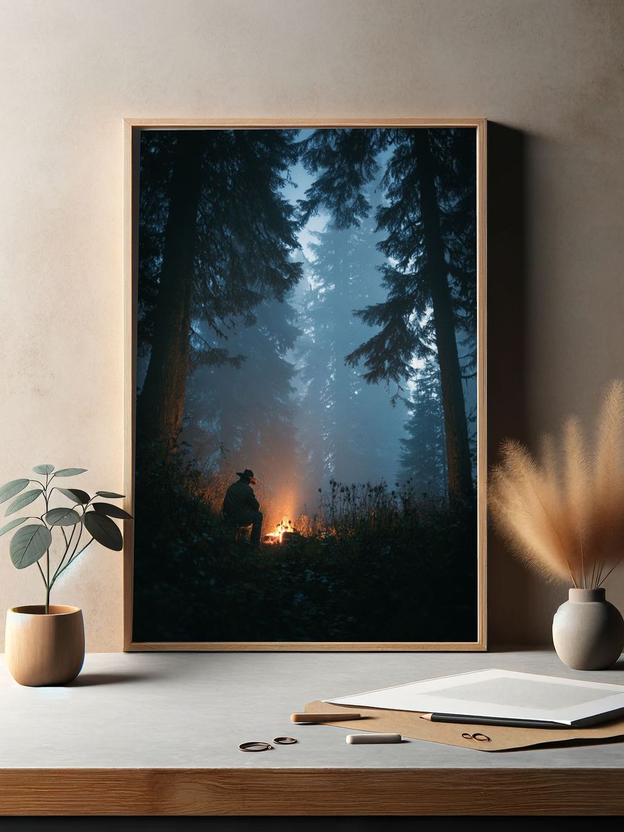 Campfire in Misty Forest Poster. — room view 2