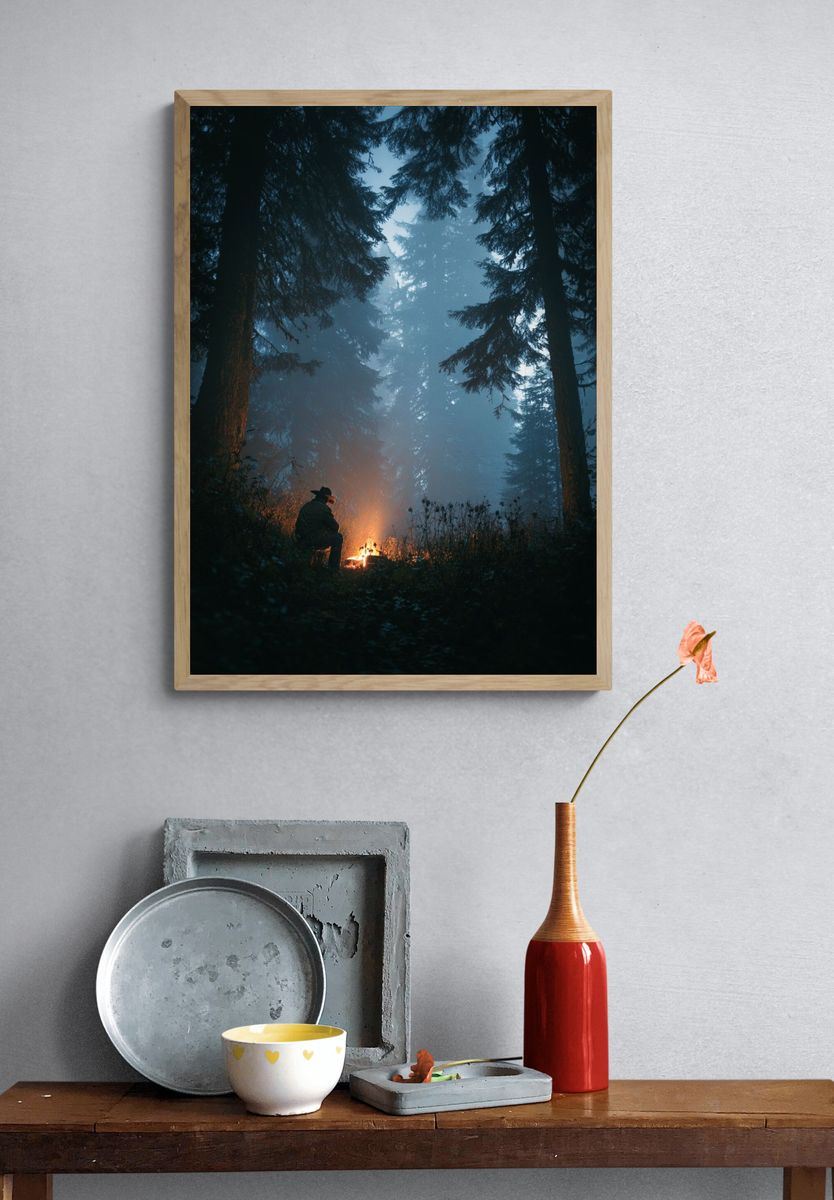Campfire in Misty Forest Poster. — room view 3
