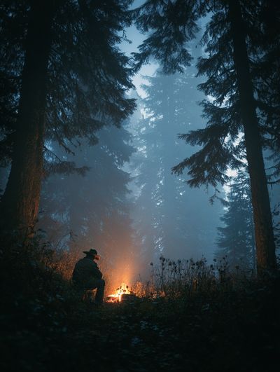 Campfire in Misty Forest Poster.