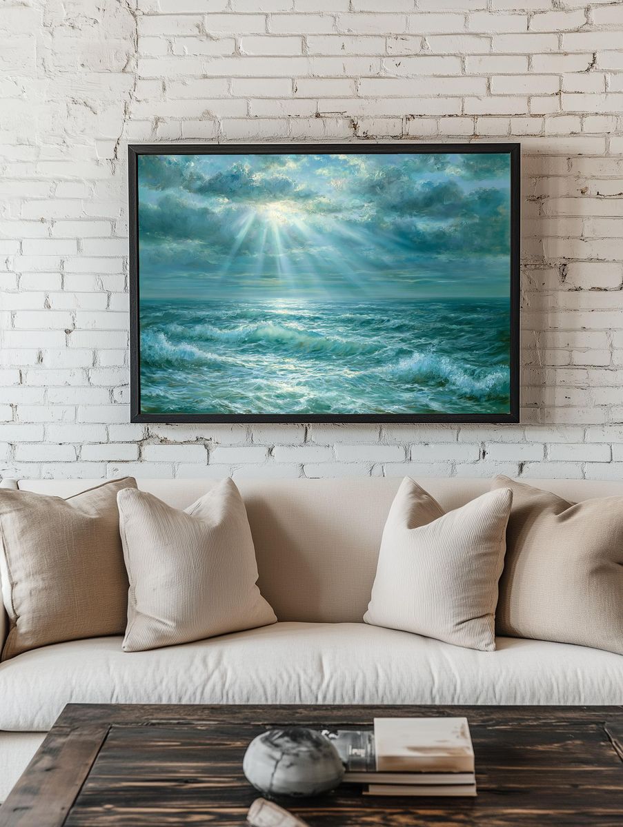 Sunlit Ocean Waves — Fine-Art Print. room preview