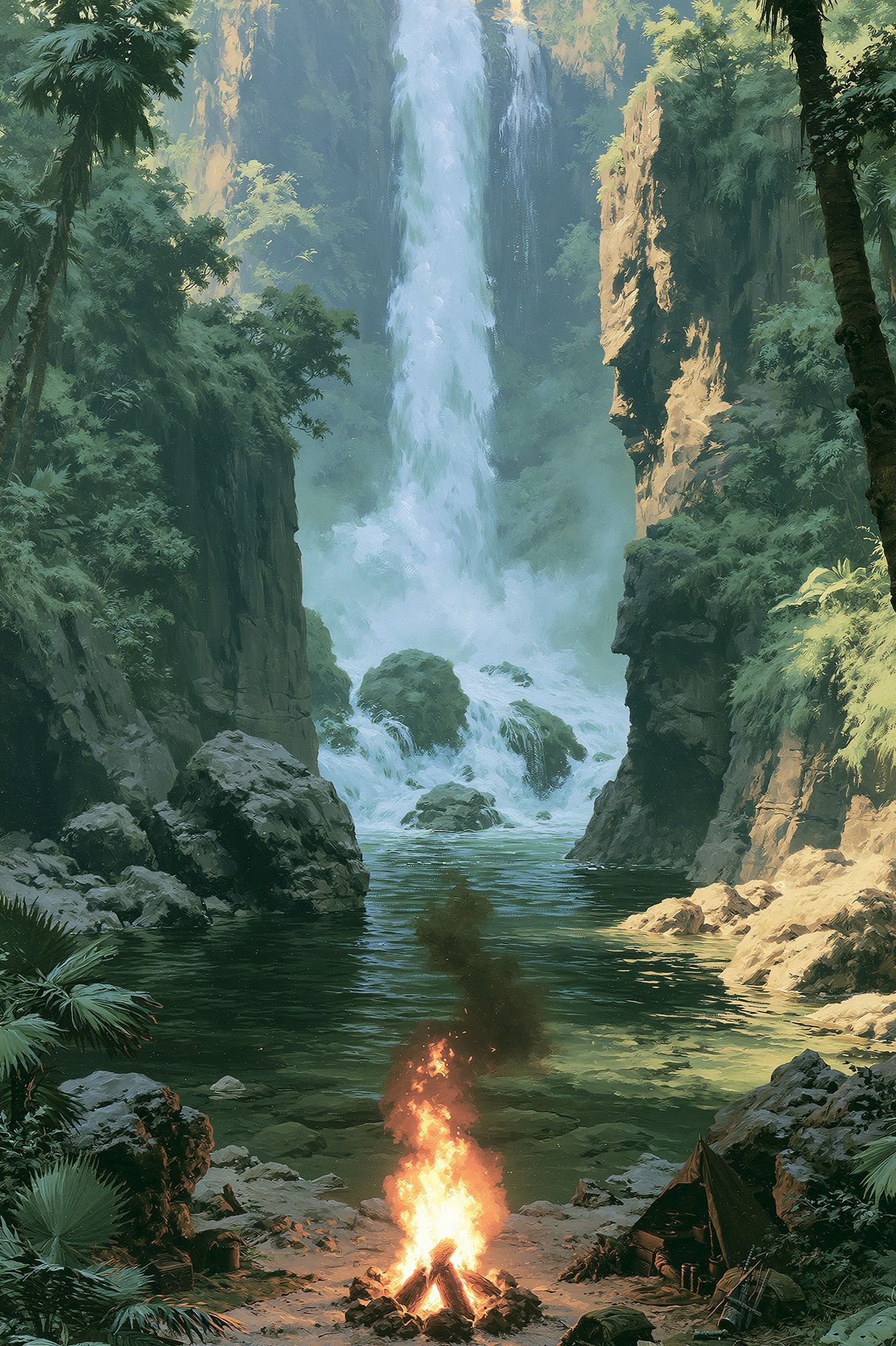 Jungle Waterfall Campfire Print. poster — nature art
