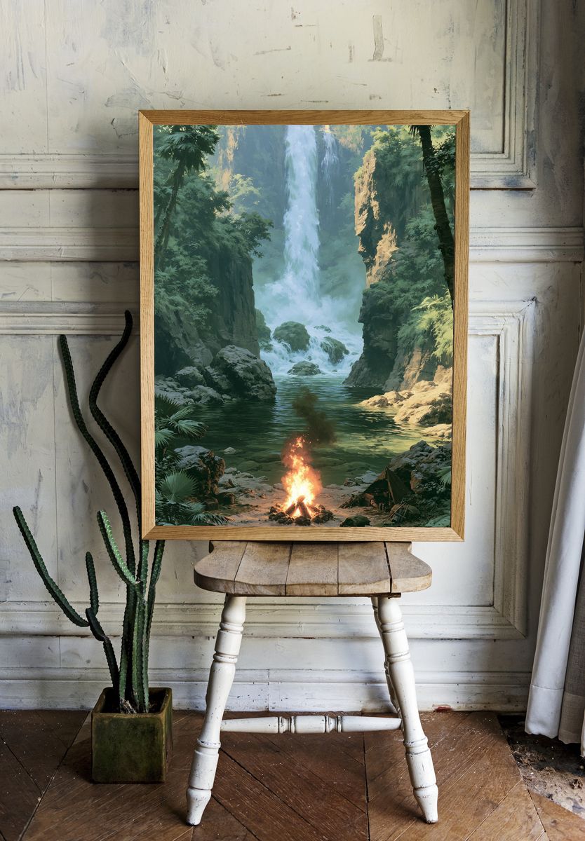 Jungle Waterfall Campfire Print. room preview