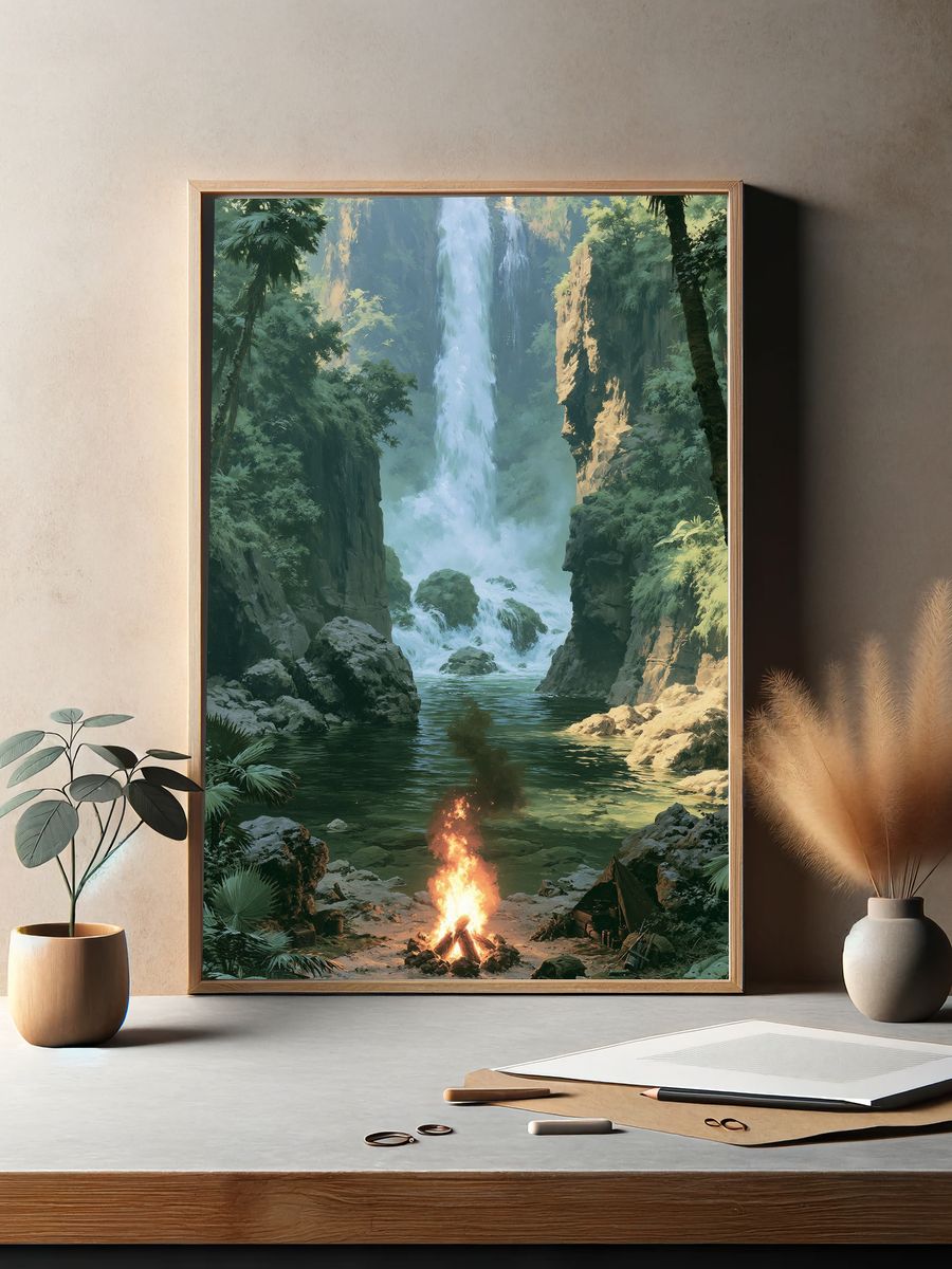 Jungle Waterfall Campfire Print. — room view 2