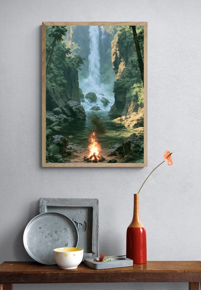 Jungle Waterfall Campfire Print. — room view 3