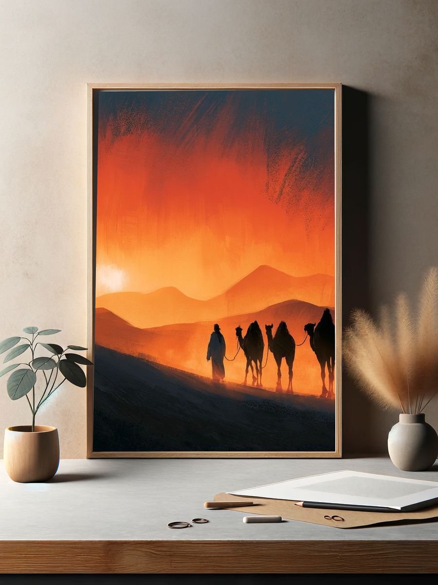Desert Caravan Sunset Print. — room view 2