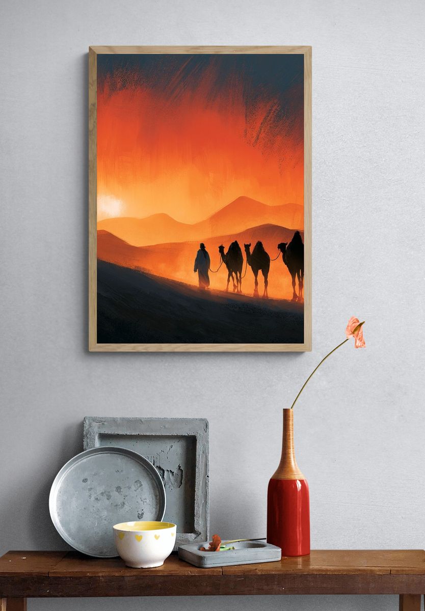 Desert Caravan Sunset Print. — room view 3