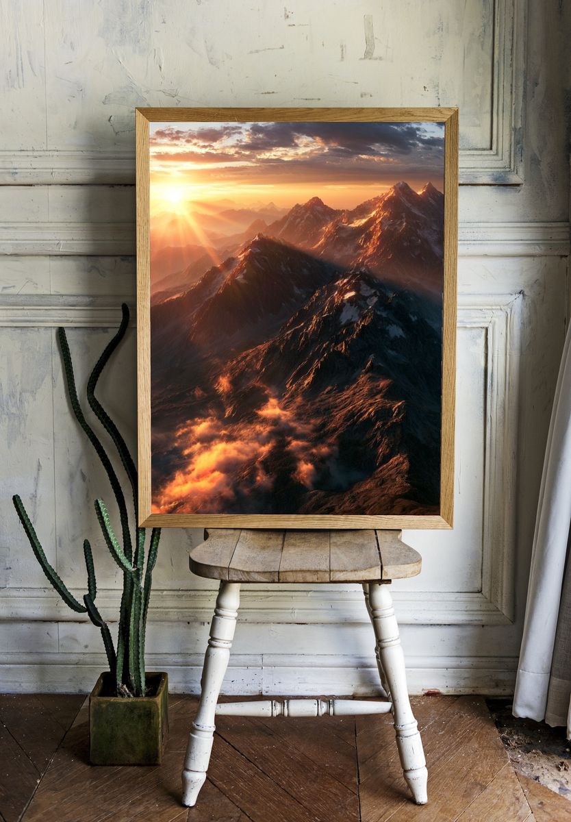 Sunrise Mountain Peaks Photography Poster. room preview