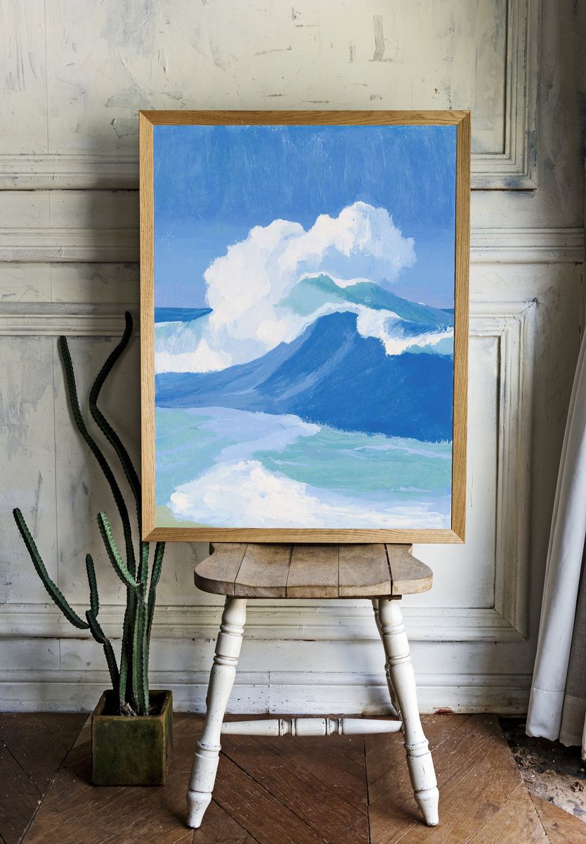 Blue Ocean Waves Illustration Print. room preview